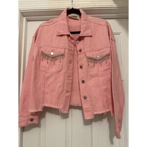 Savannah Jane pink denim jacket with rhinestone fringe size Small